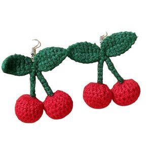 Summer Fairycore Cottage Granny Kawaii Goblin Crochet Cherry Dangle Earrings